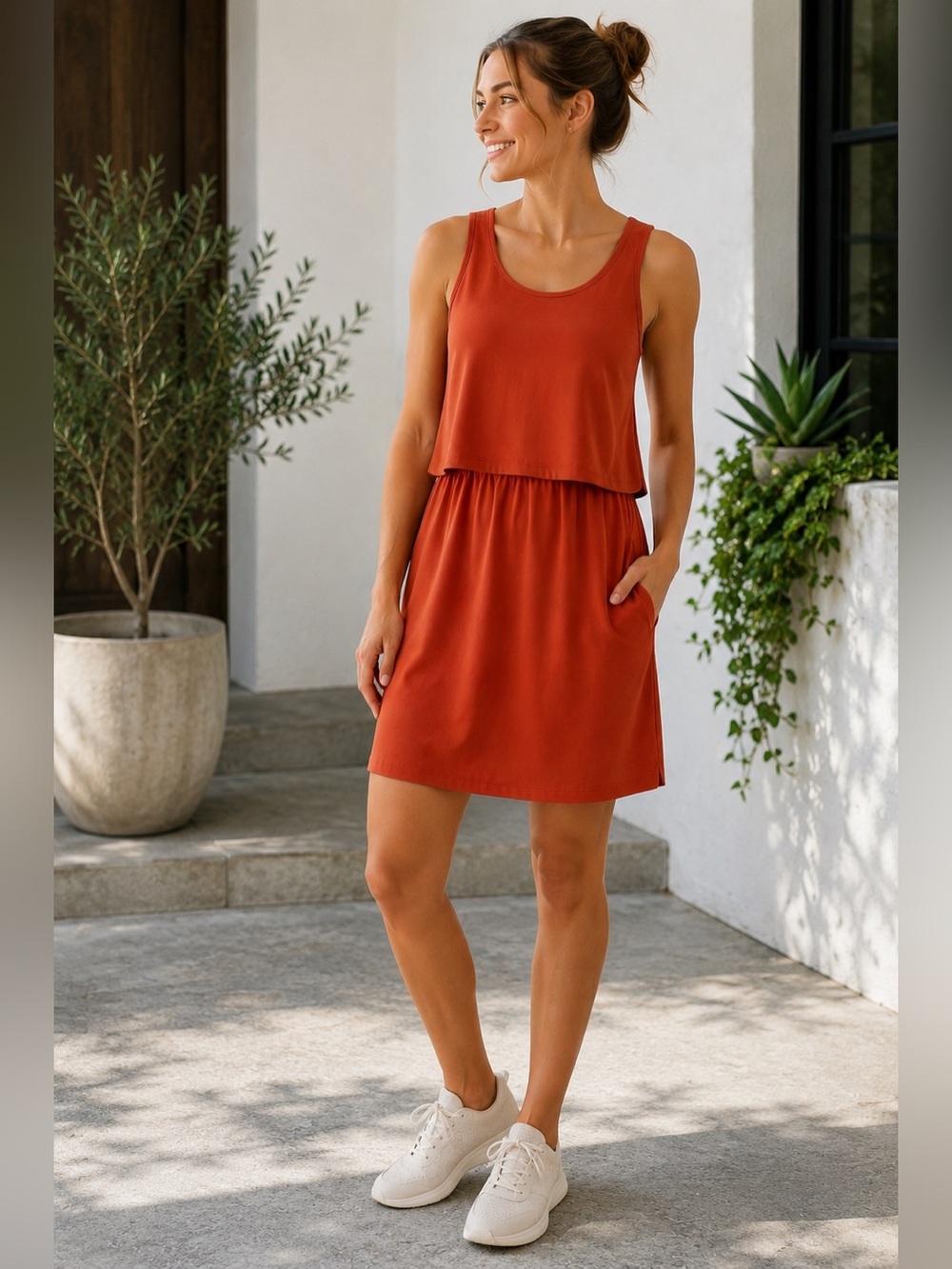 Athleta Small Burnt Red Orange Layered Crossover Back Dress Pockets